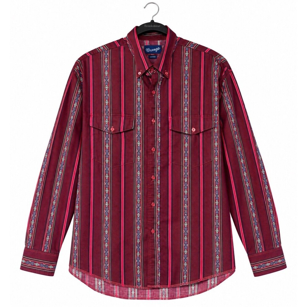 Vintage Wrangler Western Shirt 17-35 X-Long Tails Aztec Stripe Burgundy USA Era